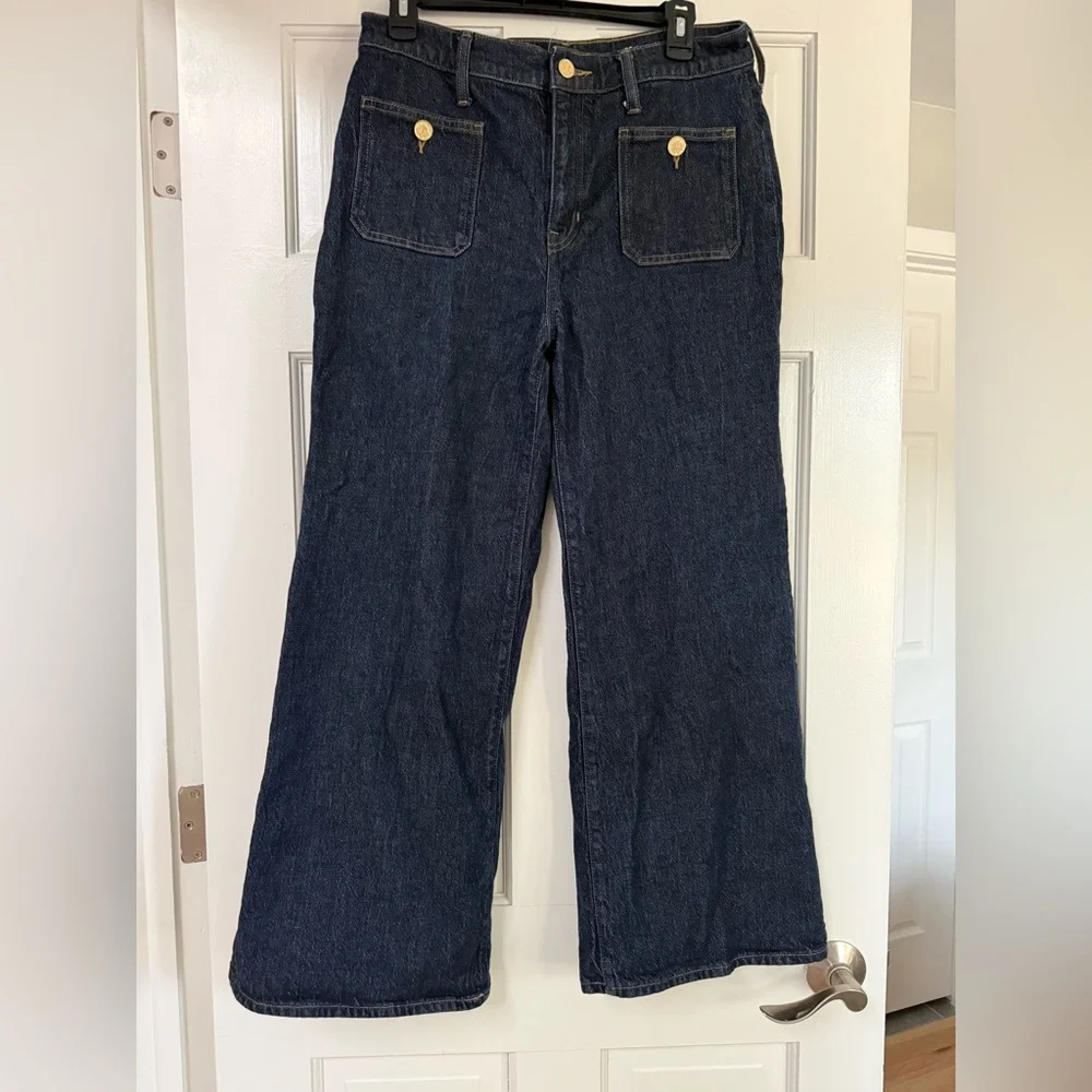 J Crew Dark Rinse Flare Jeans with Patch Pockets, Classy Gold Buttons, Sz 30P - Picture 1 of 6